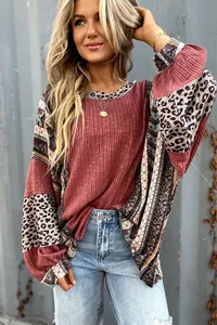 Loose casual women's sweatshirt featuring leopard print and ethnic pattern patchwork design