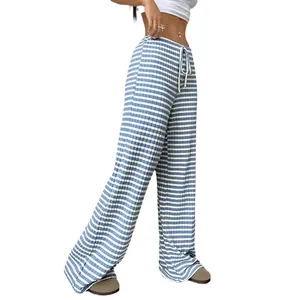 Women's casual blue and white striped wide-leg pants with elastic drawstring waist