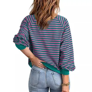 Sweat-shirt décontracté à manches longues et rayures rose et bleu canard pour femme