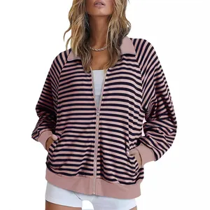Veste cardigan décontractée à rayures roses et noires pour femme avec col polo
