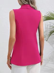 Back view of a vibrant hot pink sleeveless blazer for women on a white background