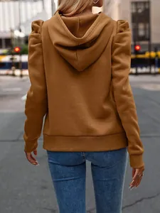 Back view of a stylish camel puff-sleeve hoodie for women featuring a minimalist solid color