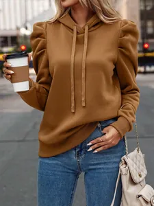 Women's chic camel puff sleeve hoodie with drawstring for autumn street fashion