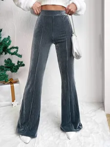 Elegant grey pleated velvet flare pants with high waist for women winter fashion outfits