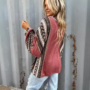 Women's bohemian patchwork ribbed long sleeve sweater with leopard print details and casual fit