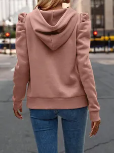 Back view of women's dusty rose hoodie featuring stylish puff shoulders and a hood.