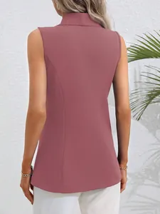 Back view detail of a chic mauve sleeveless blazer vest featuring a high stand-up collar