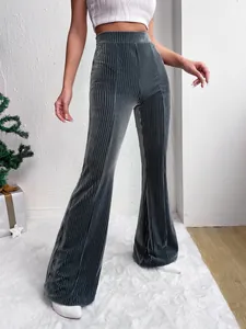 Detailed fit view of high-waist grey corduroy flare pants for women's autumn fashion