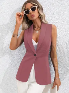 Close-up of a stylish mauve sleeveless blazer with a single button closure on a model.