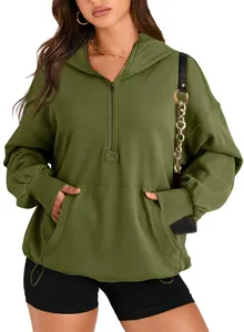 Detailed view of olive green women's quarter-zip hooded sweatshirt with front pocket