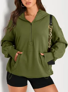 Detailed view of women's army green half-zip hooded sweatshirt with front kangaroo pocket