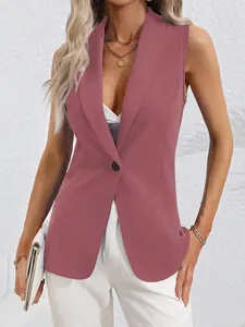 Close-up detail of a women's elegant mauve sleeveless single-button blazer vest