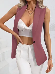 Detail shot of a mauve sleeveless single-button blazer vest for women's autumn style.