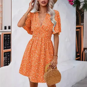 Summer boho V-neck floral print mini dress with high waist and flutter sleeves