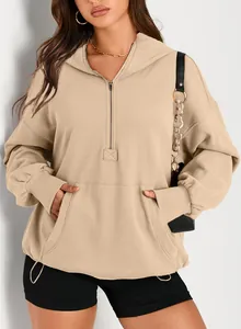 Women's beige quarter-zip hooded sweatshirt with long sleeves and front kangaroo pocket