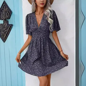 Elegant summer V-neck floral high-waisted mini dress with flutter sleeves for women
