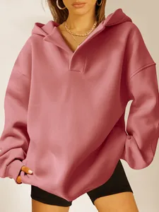 Lässiger, übergroßer Damen-Kapuzenpullover in Altrosa mit Polo-Kragen und Kapuze