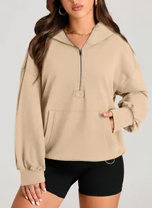 Detailed view of women's casual half-zip hooded sweatshirt featuring a front kangaroo pocket.
