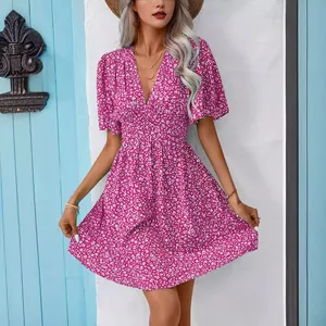 Summer V-neck pink floral dress with high waist and mid-sleeves for women