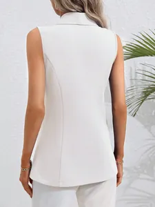 Back view of a white sleeveless women's vest with structured seams and textured fabric