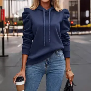 Women's navy blue puffed sleeve hoodie sweatshirt for casual autumn wear.