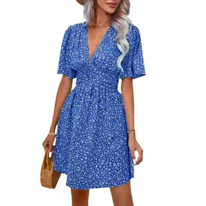 Summer blue floral V-neck dress with high waist and flared sleeves for women fashion