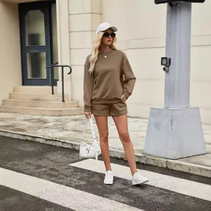 Women's two-piece solid color sweatshirt and shorts set for casual outdoor street style