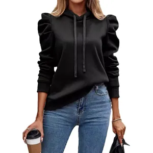 Women's black solid color hooded sweatshirt with trendy puff sleeve design