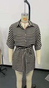 Classic beige and black striped short sleeve romper with collar, buttons and waist tie
