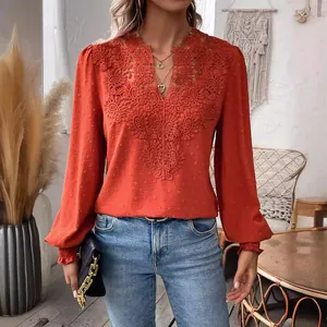 Fashionable burnt orange V-neck blouse with lace detailing and Swiss dot texture for women