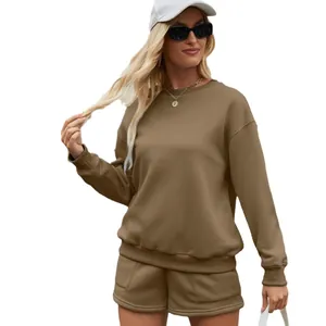 Fashionable women's two-piece solid color sweatshirt and shorts set with pockets in khaki