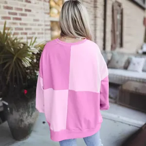 Stylish casual pink and pale pink color-block oversized sweatshirt for women outdoor