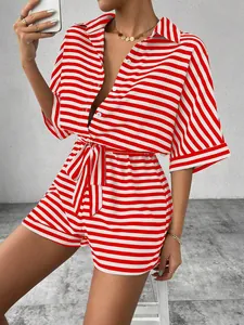 Women's chic red and white horizontal striped short sleeve shirt and belted shorts set
