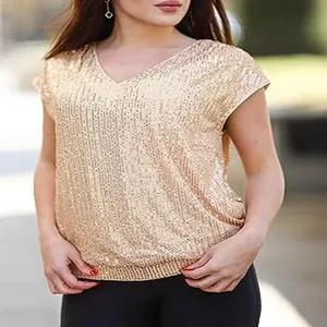 Elegante top de lentejuelas doradas con cuello en V y manga corta para mujer fiesta.