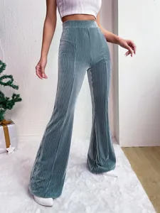 High waist corduroy flared pants in seafoam grey with ribbed texture detail