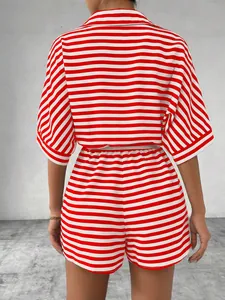 Back view of a chic red and white striped two-piece shirt and shorts set for women
