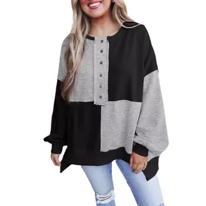 Casual oversized color-block sweatshirt with button placket for women in black and grey