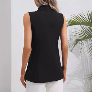 Rear view of a stylish black sleeveless blazer vest for women, minimalist solid design