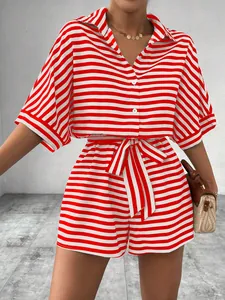 Fashionable red and white striped women's set featuring button-up shirt and belted shorts