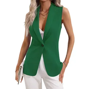 Elegant sleeveless green blazer vest with single button for women's office wear