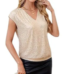 Elegante blusa de lentejuelas color champán con cuello en V y manga corta para mujer