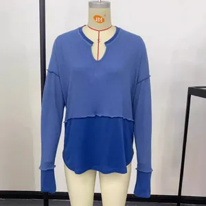 Sudadera azul casual de manga larga para mujer con textura de punto gofre y ajuste holgado