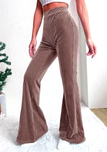 Close-up detail of high-waisted taupe corduroy flared pants with vertical ribbed texture
