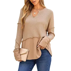 Sudadera informal de manga larga con punto de gofre para mujer, estilo patchwork, camel