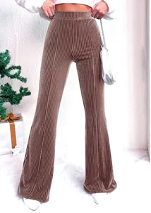 Close-up view of brown high-waisted corduroy flare pants with vertical ribbed texture