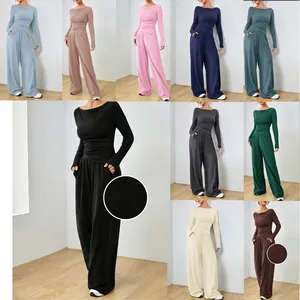 Completo Casual da Donna a Due Pezzi Tinta Unita Top And Pantaloni a Gamba Larga Lounge Set Streetwear Tuta