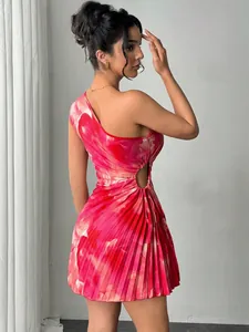 Sexy pink and red tie-dye one-shoulder pleated mini dress with a side cutout detail