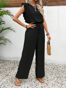 Elegantes schwarzes Sommer-Set mit ärmellosem Spitzentop und weitem Hosenbein