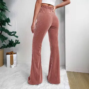 Elegant high-waisted terracotta corduroy flare pants for women with ribbed texture