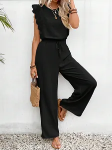 Elegantes schwarzes Sommer-Zweiteiler-Set mit Rüschenärmeln und weiter Hose